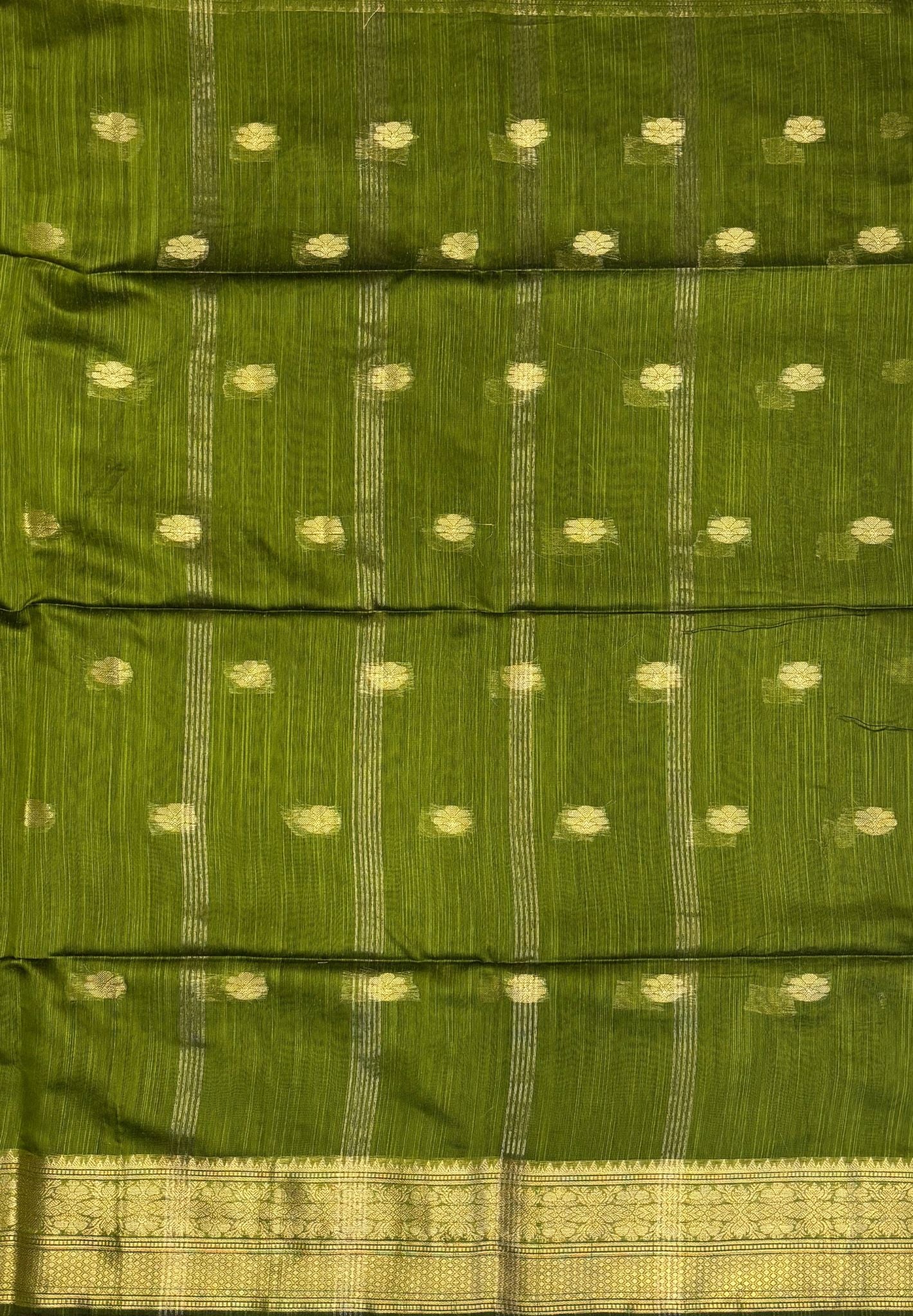 Cotton Saree-Olive Green In Floral Zari Stripe Border