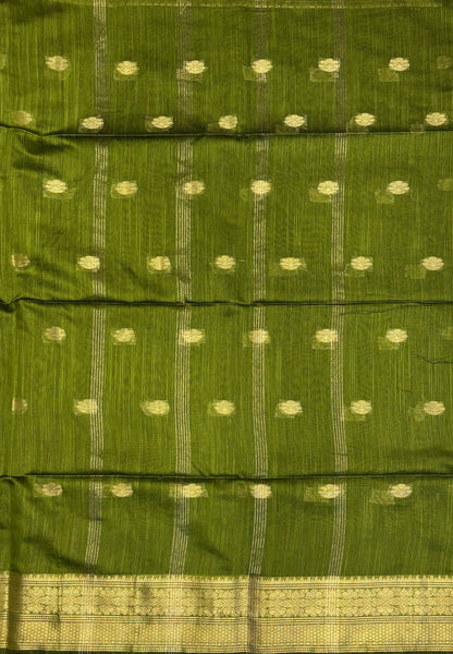Cotton Saree-Olive Green In Floral Zari Stripe Border