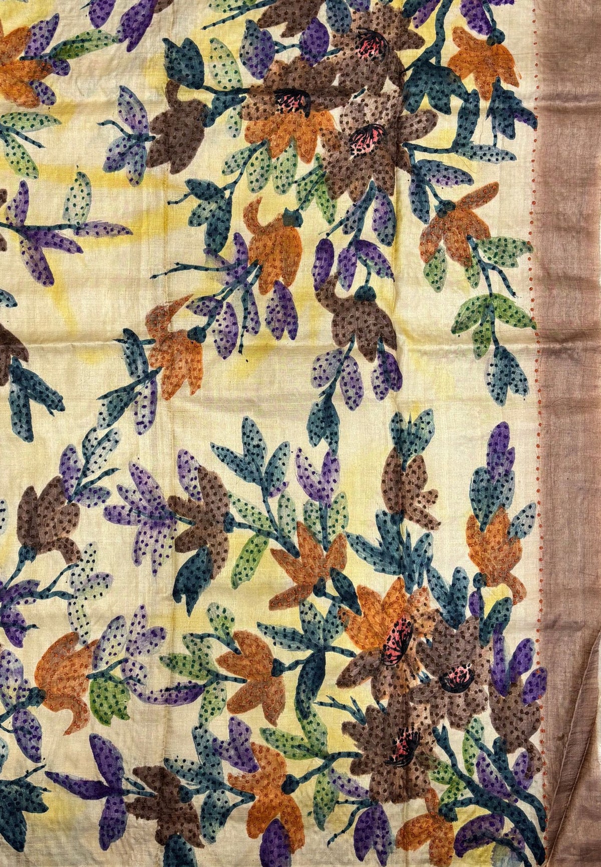 Pure Tussar Saree-Rust In Stripe French Knot Border