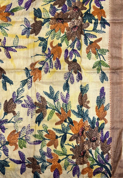 Pure Tussar Saree-Rust In Stripe French Knot Border