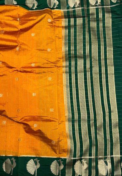 Semi Tussar Saree -  Mustard With Green Border