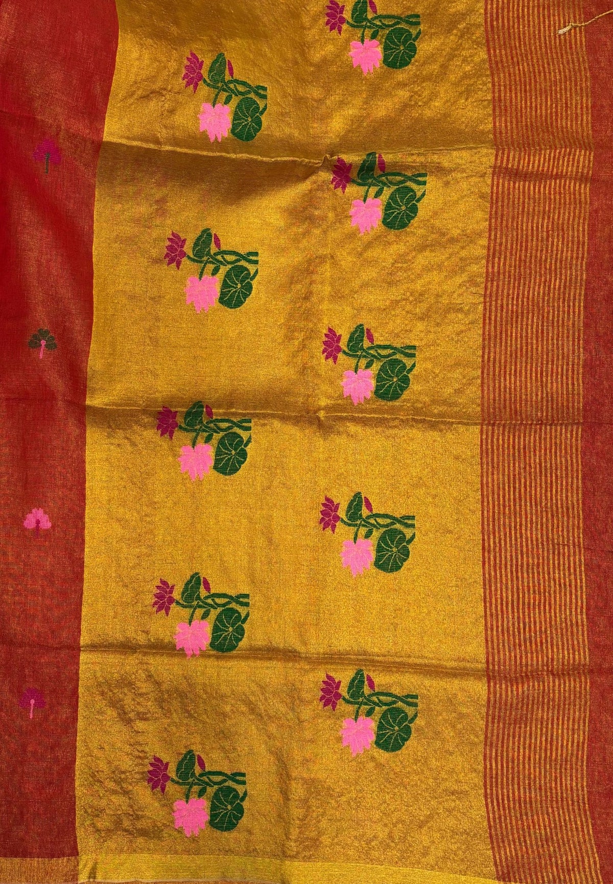 Tissue Silk Saree-Red In Lotus Motif Border