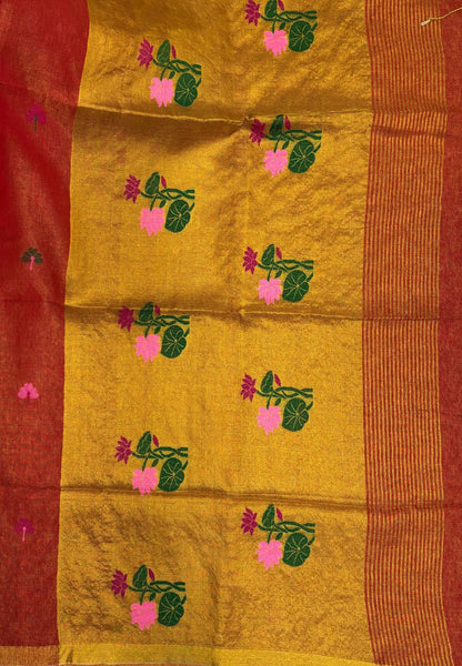 Tissue Silk Saree-Red In Lotus Motif Border