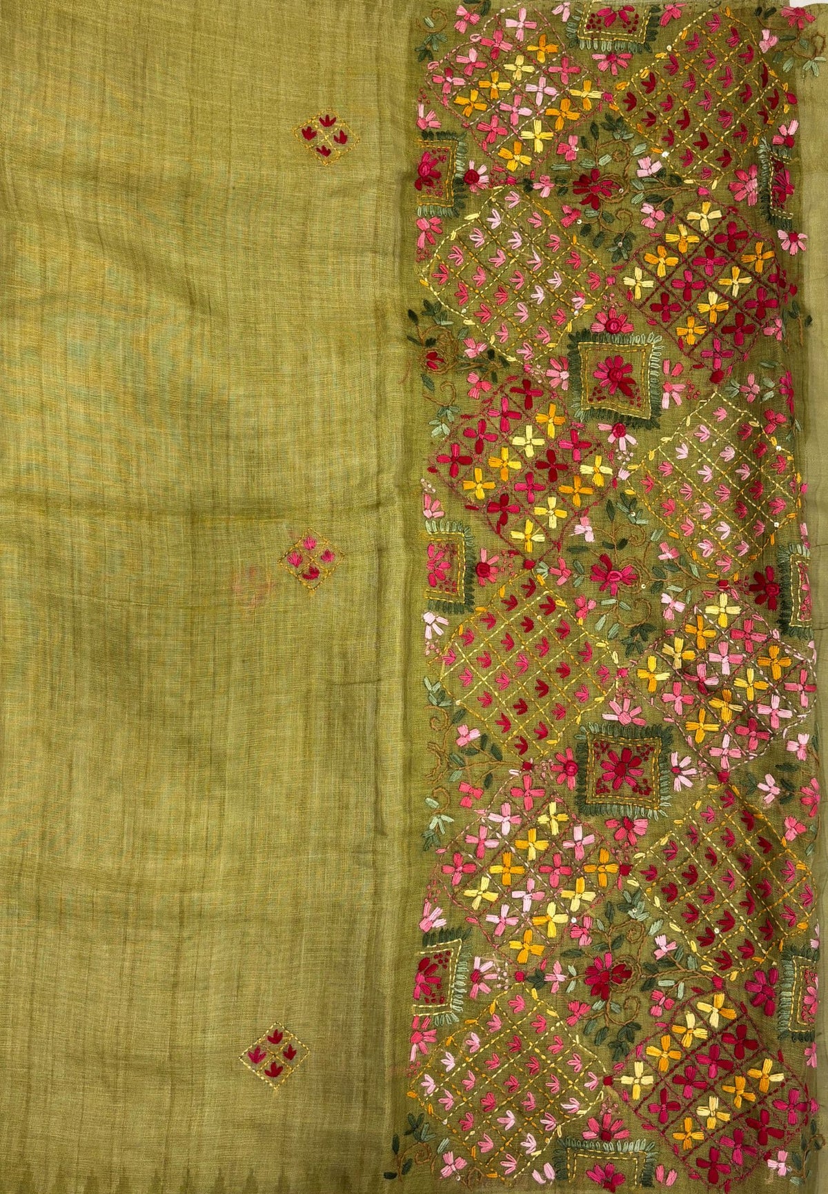 Tissue Linen Saree-Olive Green in Phulkari Embroidery Border