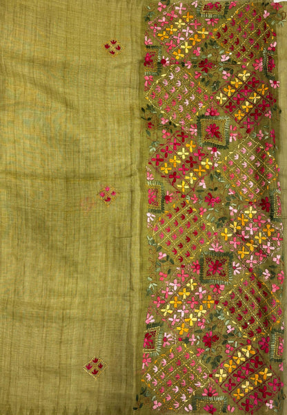 Tissue Linen Saree-Olive Green in Phulkari Embroidery Border