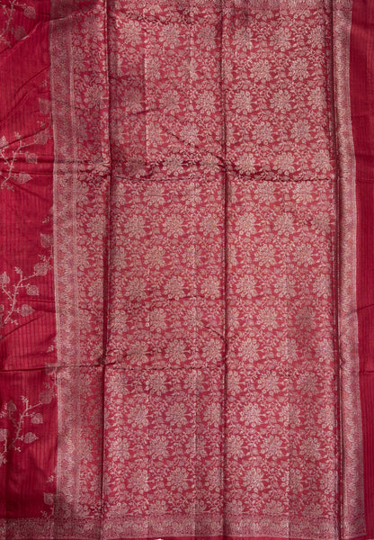 Pure Tussar Saree-Maroon in Floral Vine Brocade Border