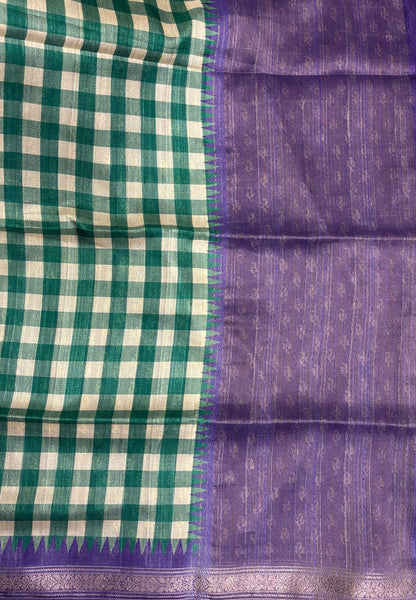 Matka Tussar saree-Green in Checked Pattern with Temple Zari Border