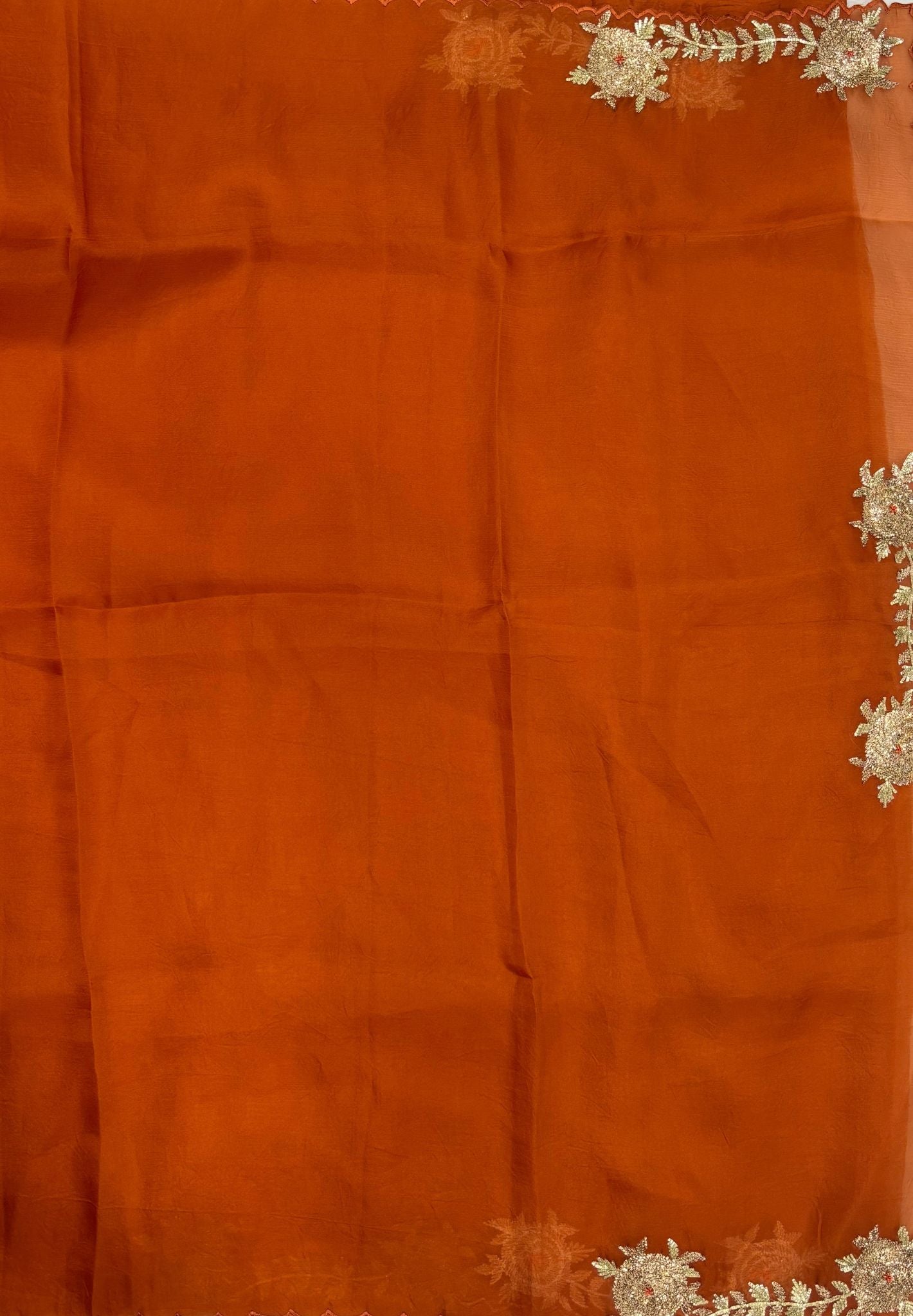 Crush Organza Saree-Burnt Orange In Floral Vine Scallop Border