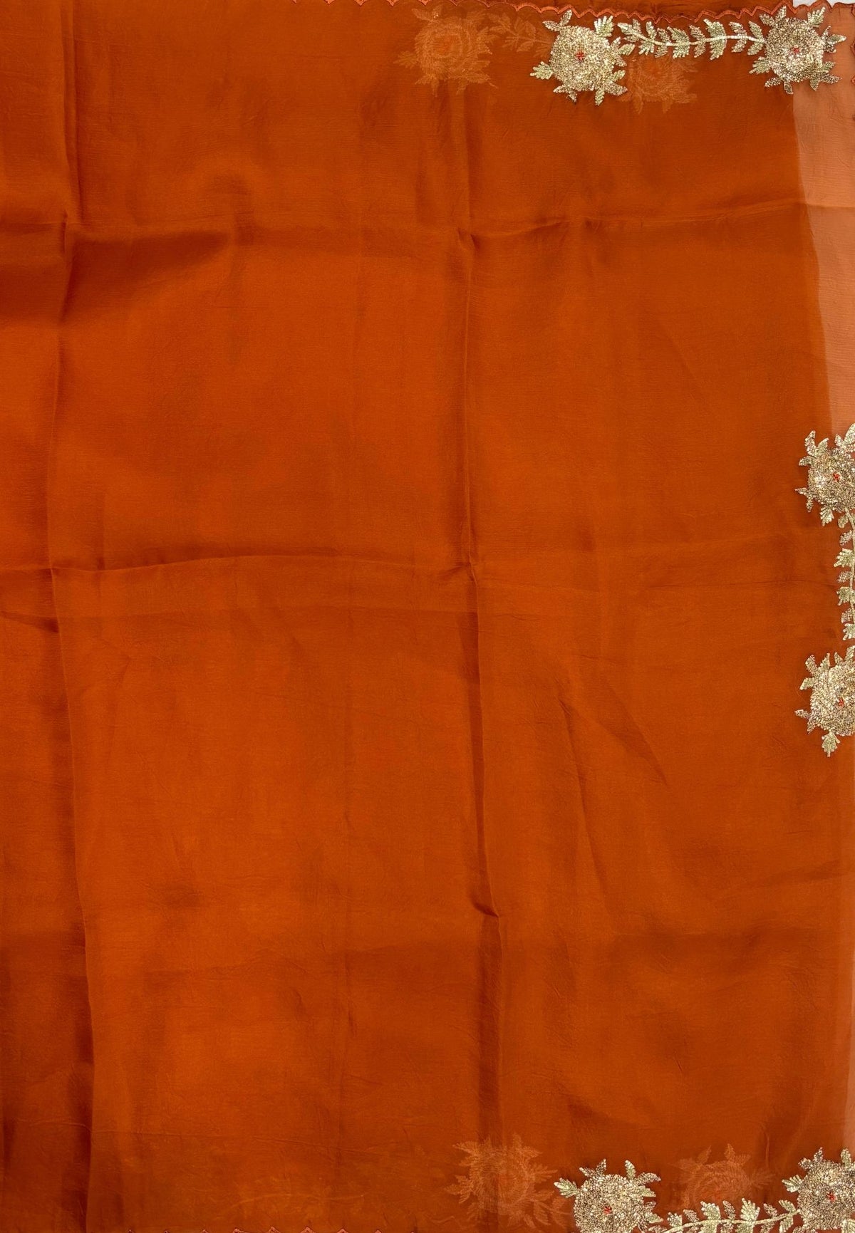 Crush Organza Saree-Burnt Orange In Floral Vine Scallop Border
