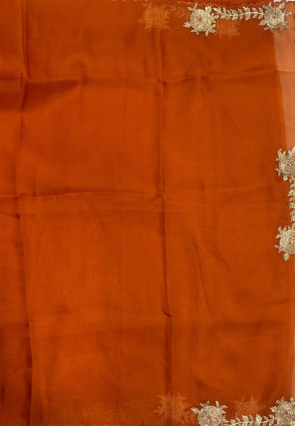 Crush Organza Saree-Burnt Orange In Floral Vine Scallop Border