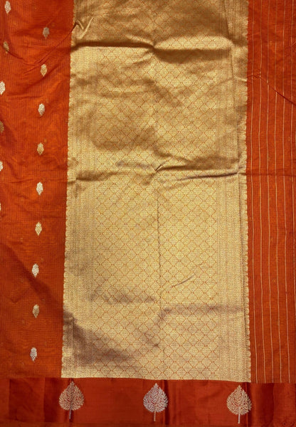 Art Silk Kota Saree-Rust Orange In Geometric Zari Brocade Border