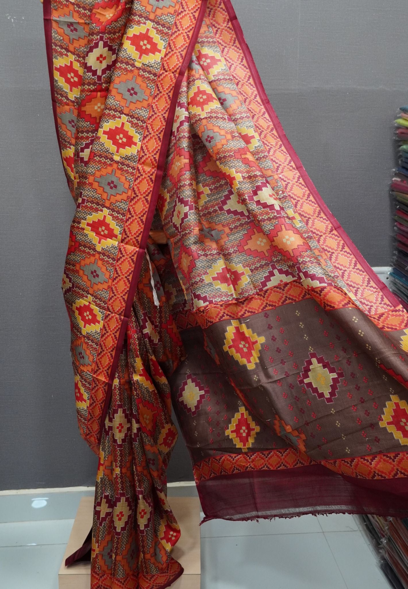 Pure Tussar Saree-Red in Ikkat Pattern