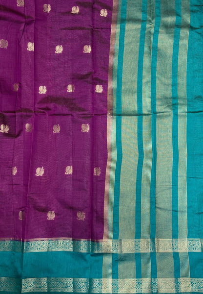 Semi Tussar Saree-Purple in Traditional Floral Zari Stripe with Contrast Border