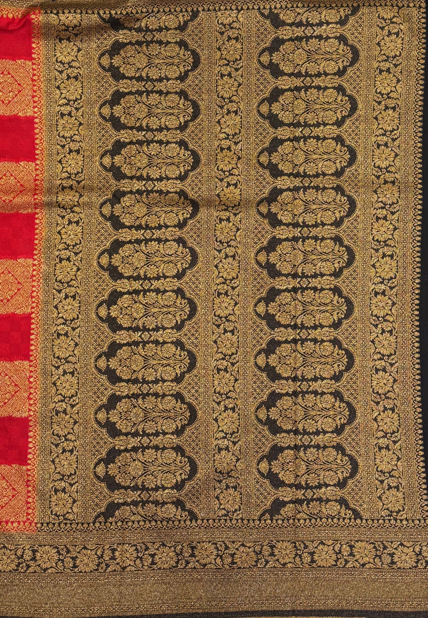 Banarasi Crepe Saree-Red In Square Check Brocade With Contrast Border