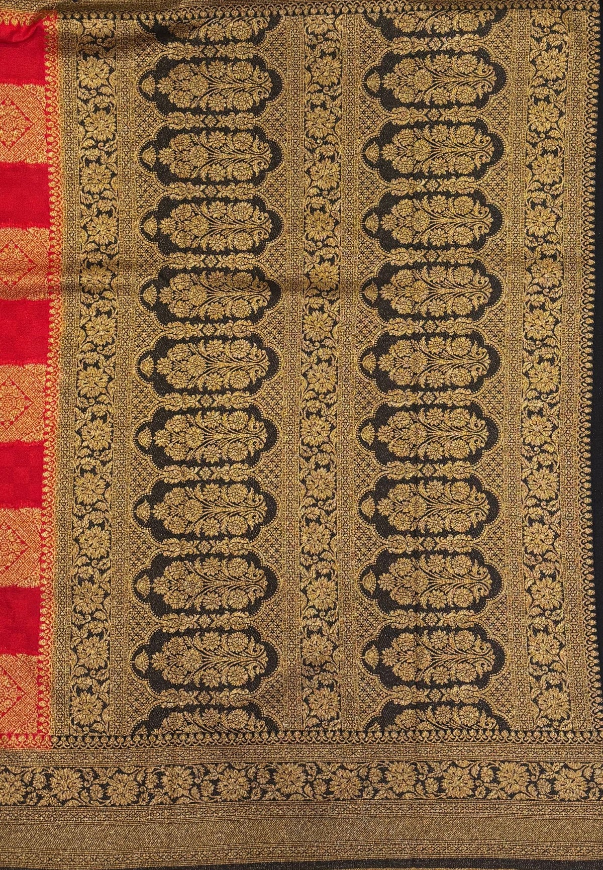 Banarasi Crepe Saree-Red In Square Check Brocade With Contrast Border