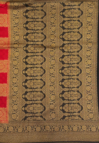 Banarasi Crepe Saree-Red In Square Check Brocade With Contrast Border