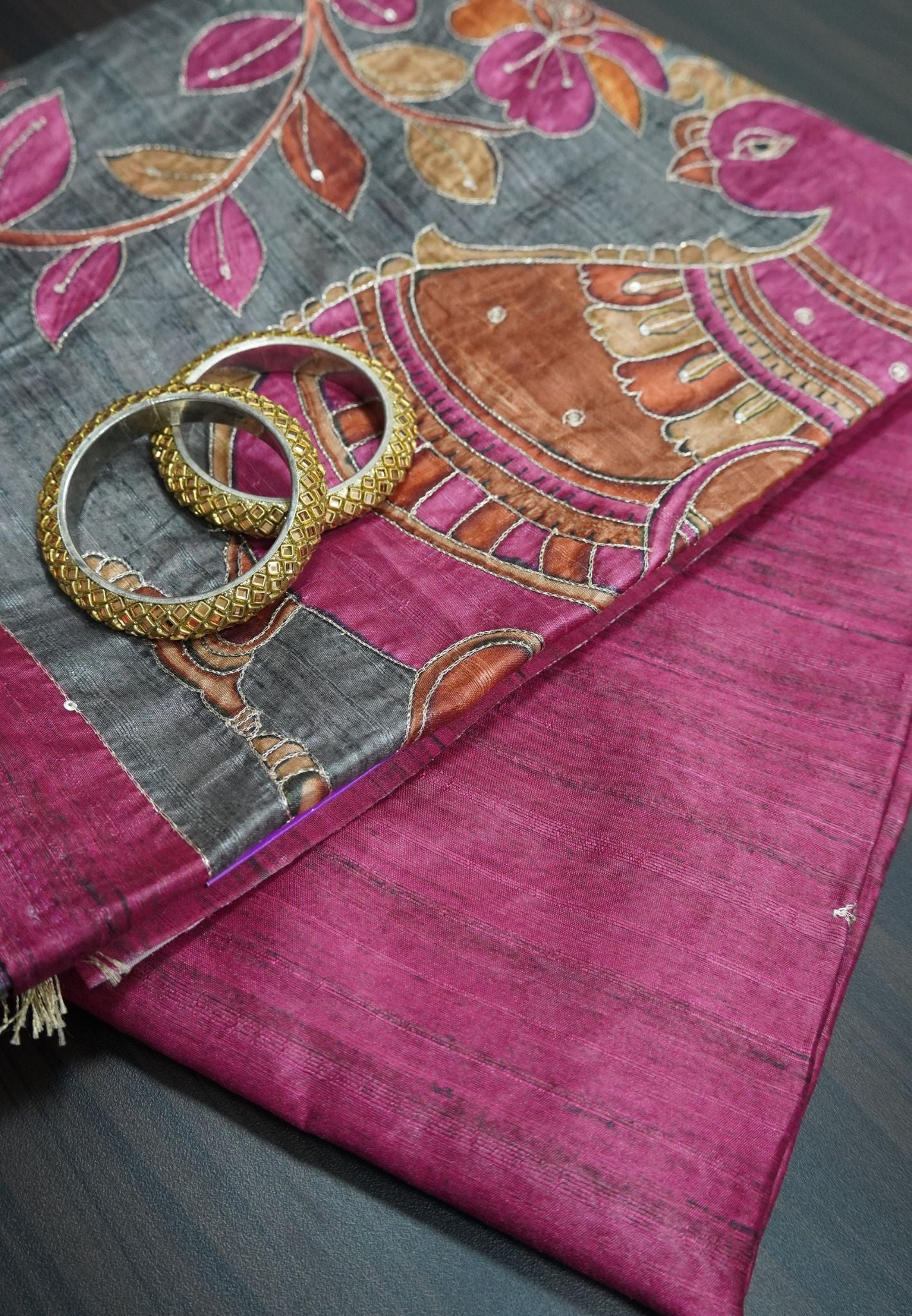 Semi Tussar Saree - Mayil Katch Work Pink