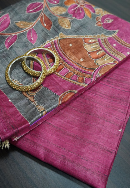 Semi Tussar Saree - Mayil Katch Work Pink