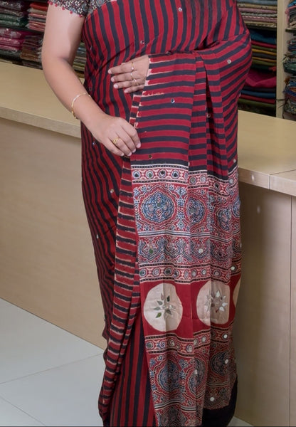 Pure Modal Silk Saree-Original Mirror Work & Traditional Printed Motifs - Red