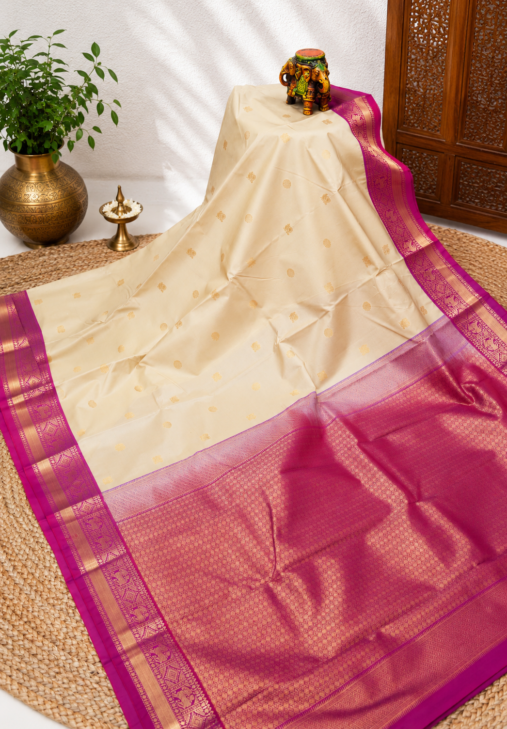 Semi Silk Saree-Cream with Contrast Zari Border