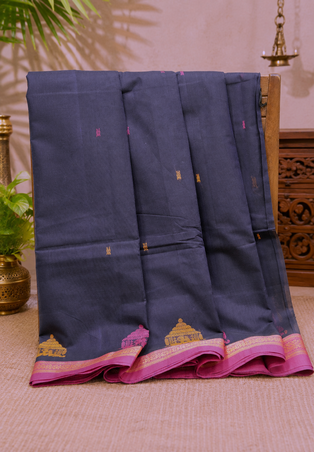 Chettinad Cotton Saree–Navy Blue With Ther Border