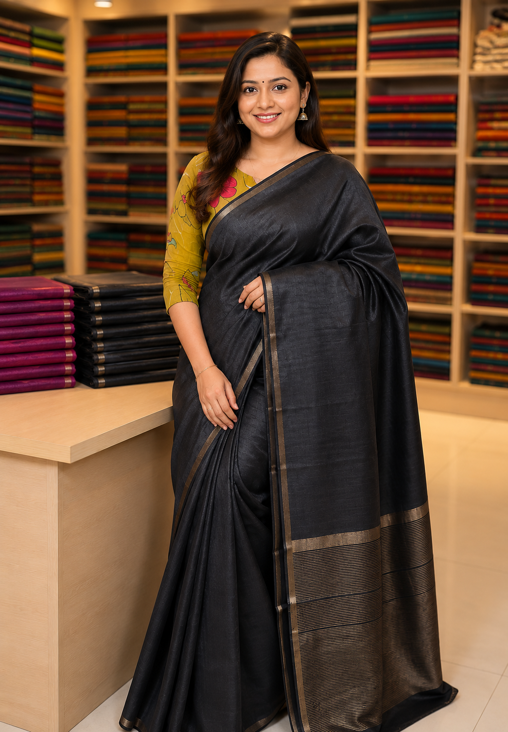 Matka Tussar Saree- Black with Small Border