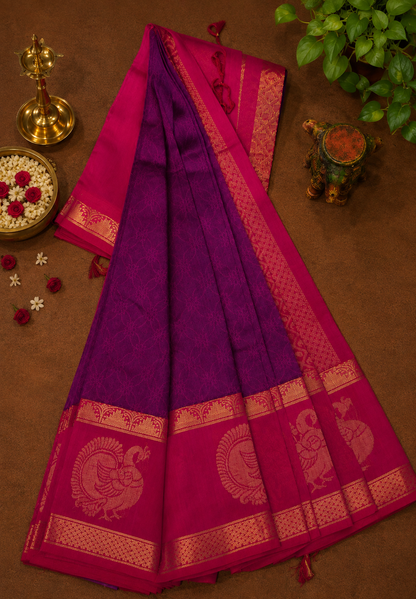 Pure Silk Cotton Saree-Purple with Pink in Heritage Annapakshi Border