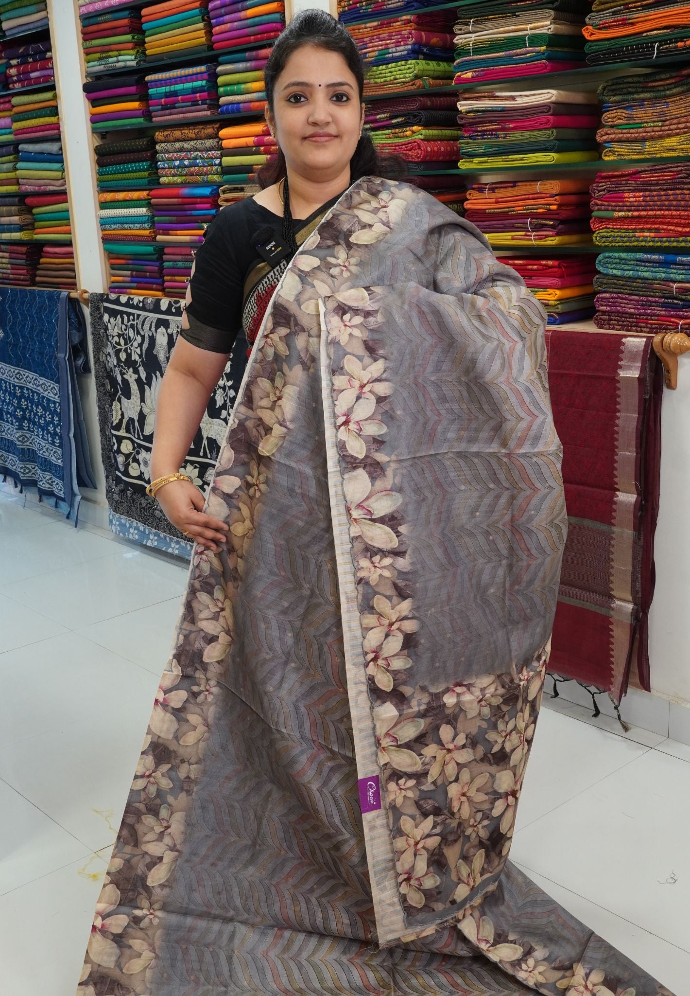 Semi Tussar Saree - Zigzag Floral Grey