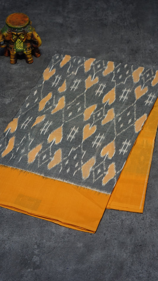 Pochampally Cotton double Ikkat Saree Grey - Orange