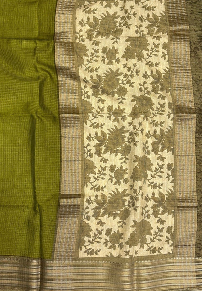 Muslin Tussar Saree-Olive Green In Floral Vine Border