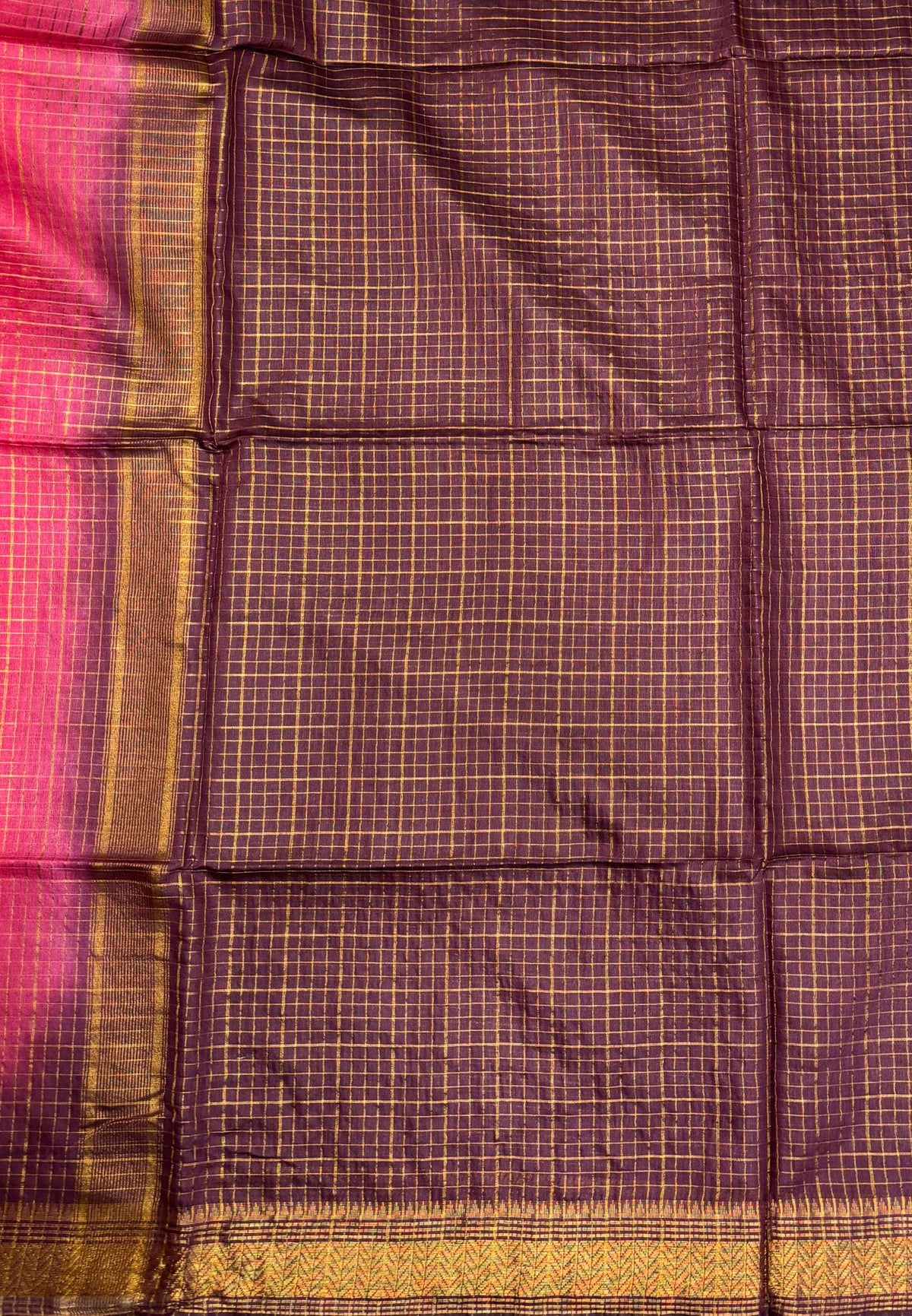 Semi Bhagalpur Tussar Saree-Rani pink in Zari checks with Contrast Border