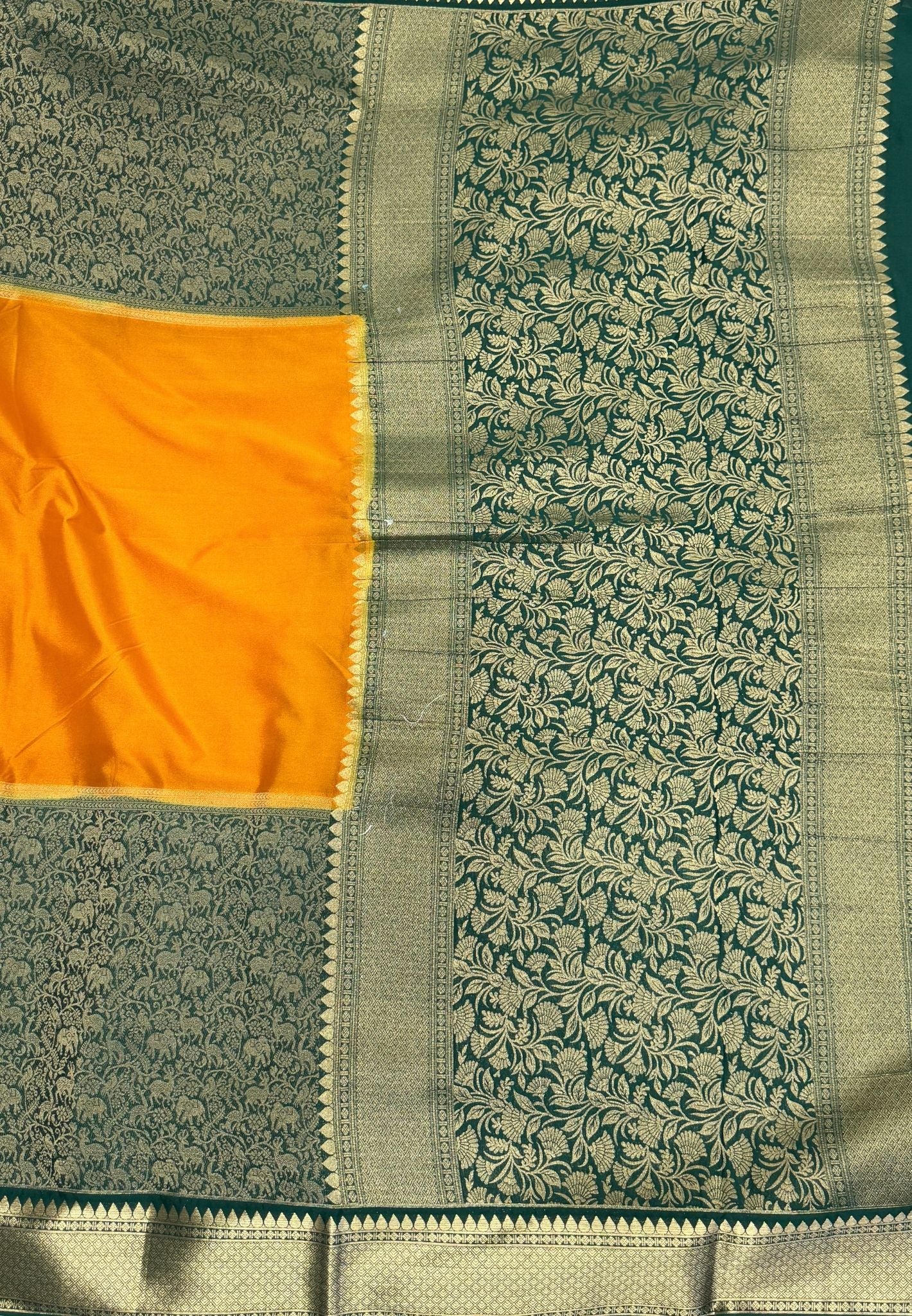 Art Mysore Silk Saree-Mustard-Green In Floral Zari With Contrast Border