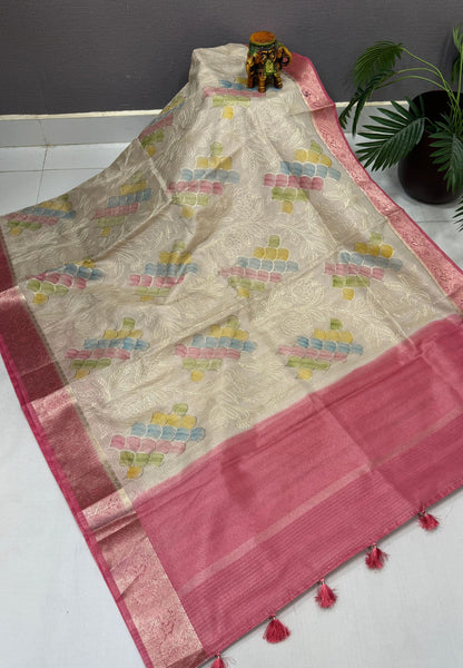 Kota Saree-Cream-Pink In Floral Vine Zari Border