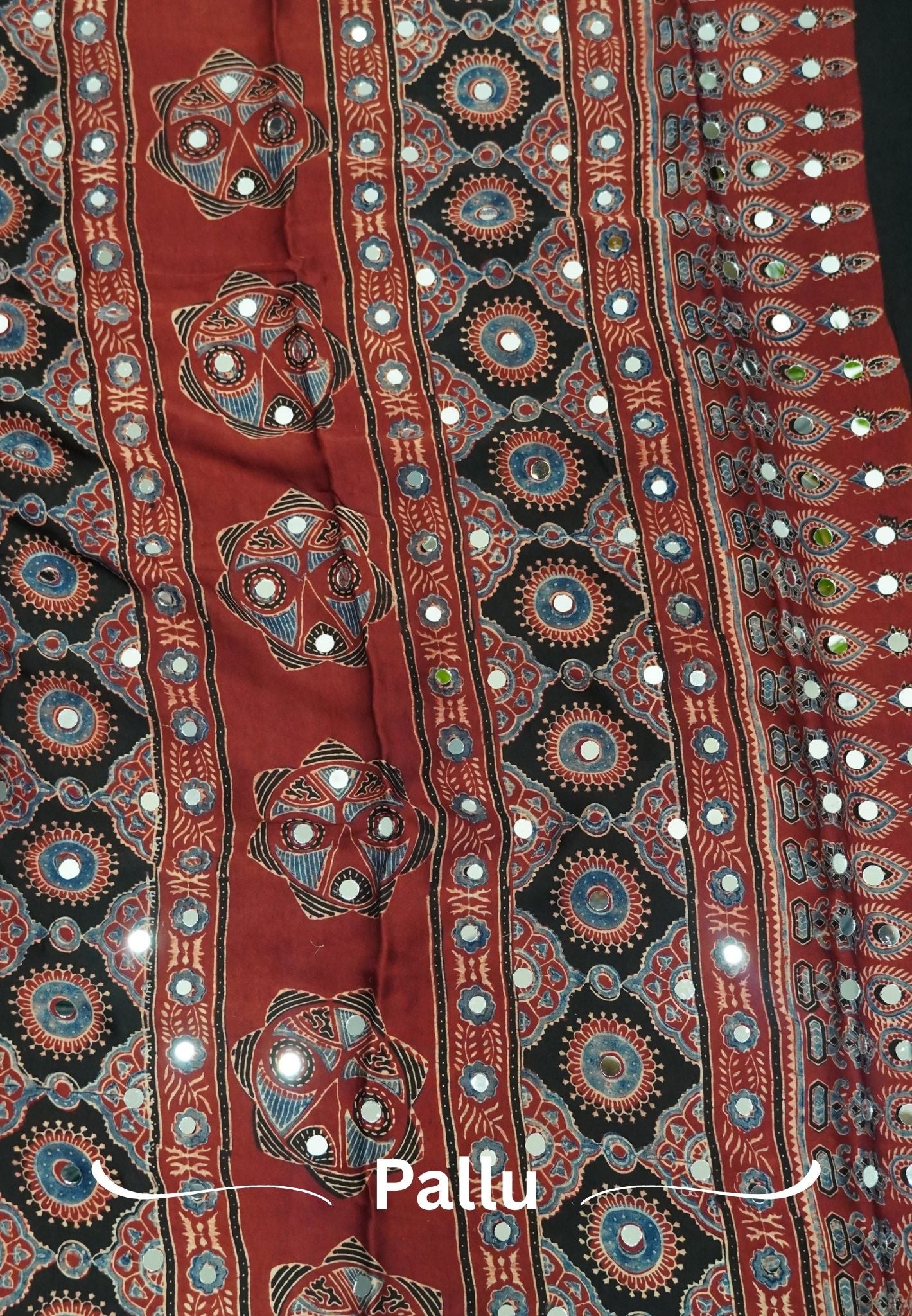 Pure Modal Silk Saree-Original Mirror Work &Traditional Printed Motifs - Black With Blue