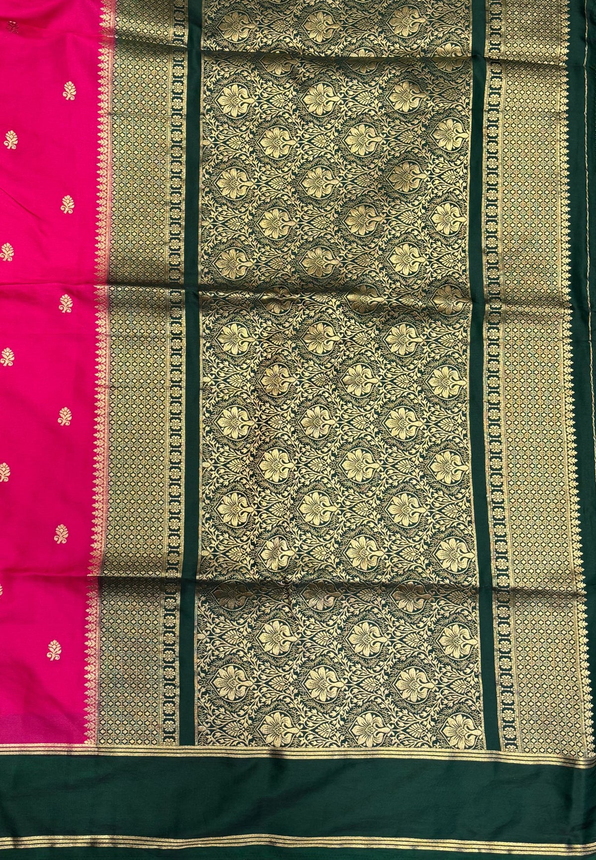 Gaji Silk Saree-Rani Pink in Floral Brocade Zari with Contrast Border