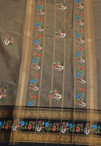 Chettinad Cotton Saree- Beige with Annam Tanjore Print