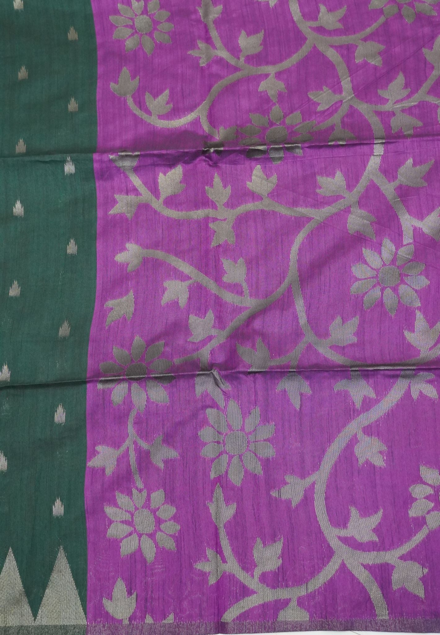 Semi Raw Silk Saree-Bottle Green in Antique Silver Zari Butta with Tower Border