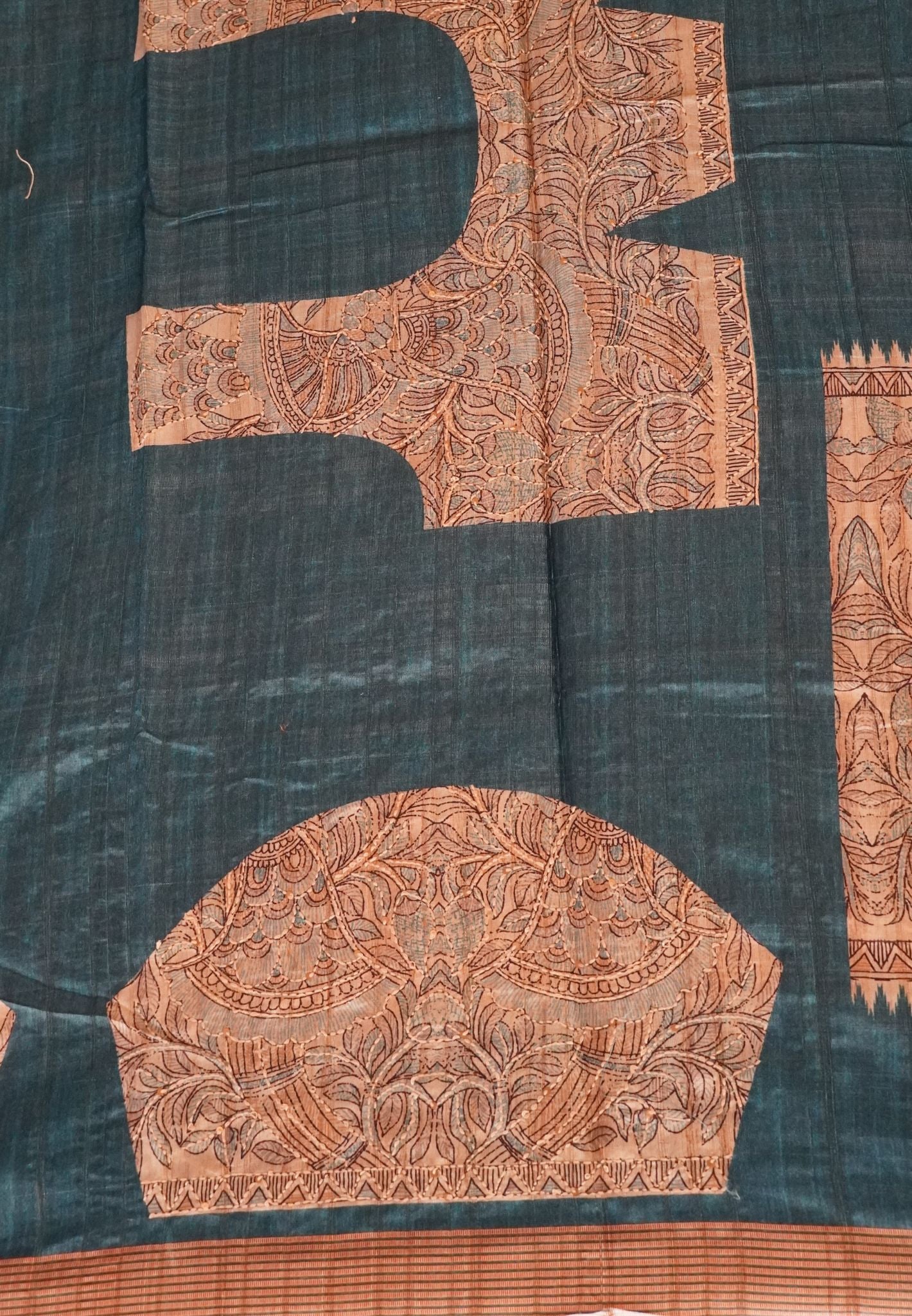 Tussar Saree-Peacock Blue with Kantha Work