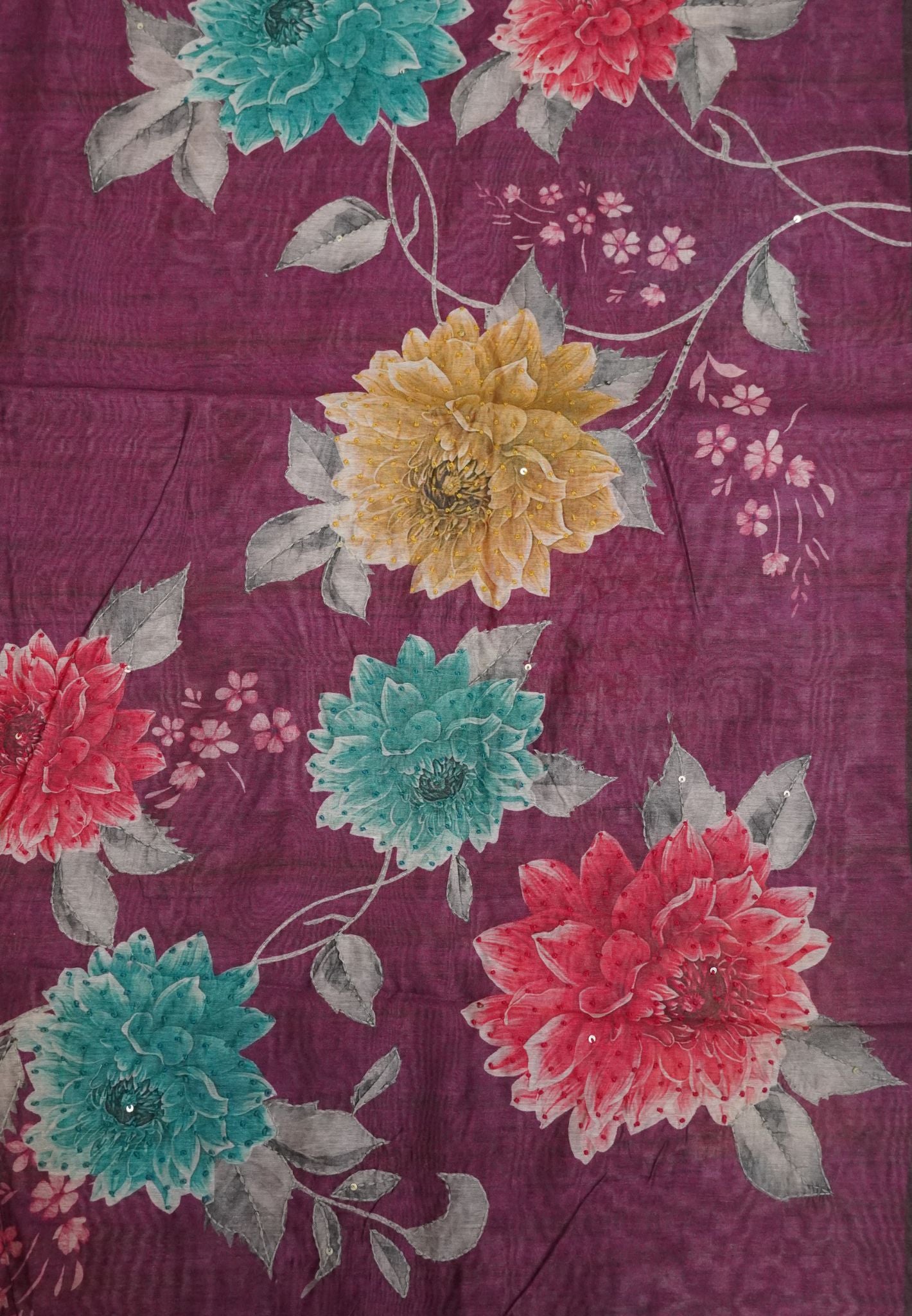 Chanderi Saree-Purple with French Knot and Kantha Work