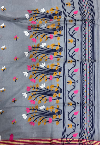 Handloom Cotton Saree-Water Blue In Lotus Floral Border