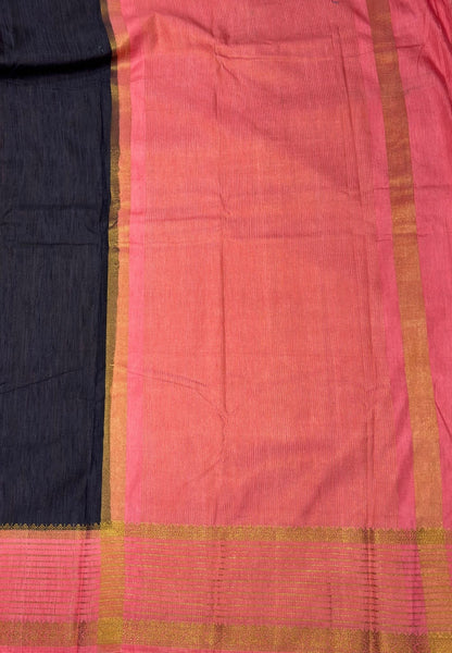 Raw Silk Saree-Black With Contrast Border