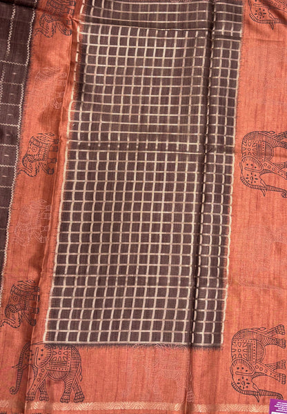 Semi Tussar Saree-Brown in Traditional Elephant Motif Zari with Contrast Border