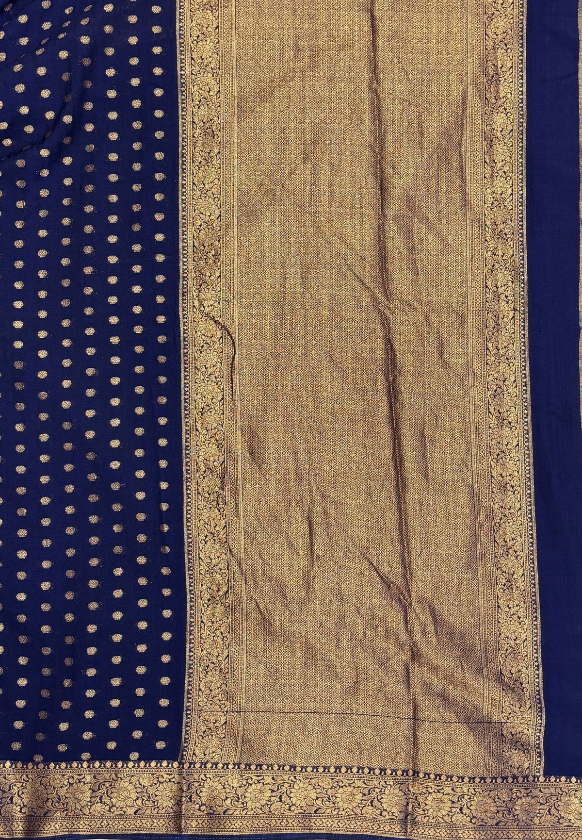 Banarasi Georgette Saree-Navy Blue with Mini Leaf Butta and Zari Border