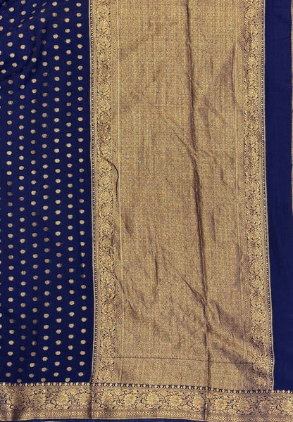 Banarasi Georgette Saree-Navy Blue with Mini Leaf Butta and Zari Border