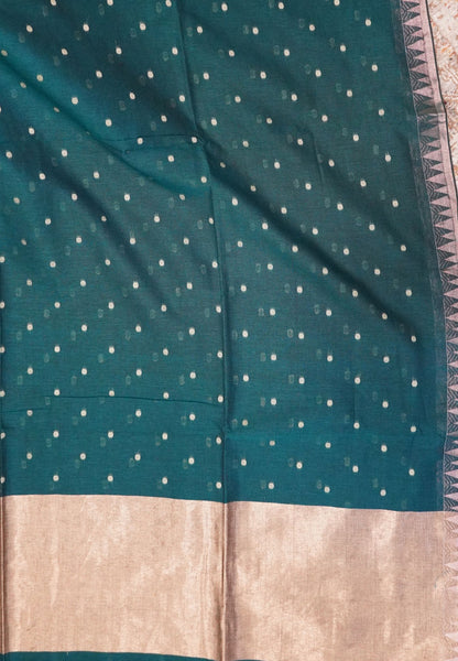 Handloom Cotton Saree-Peacock Green With Delicate Woven Buttas