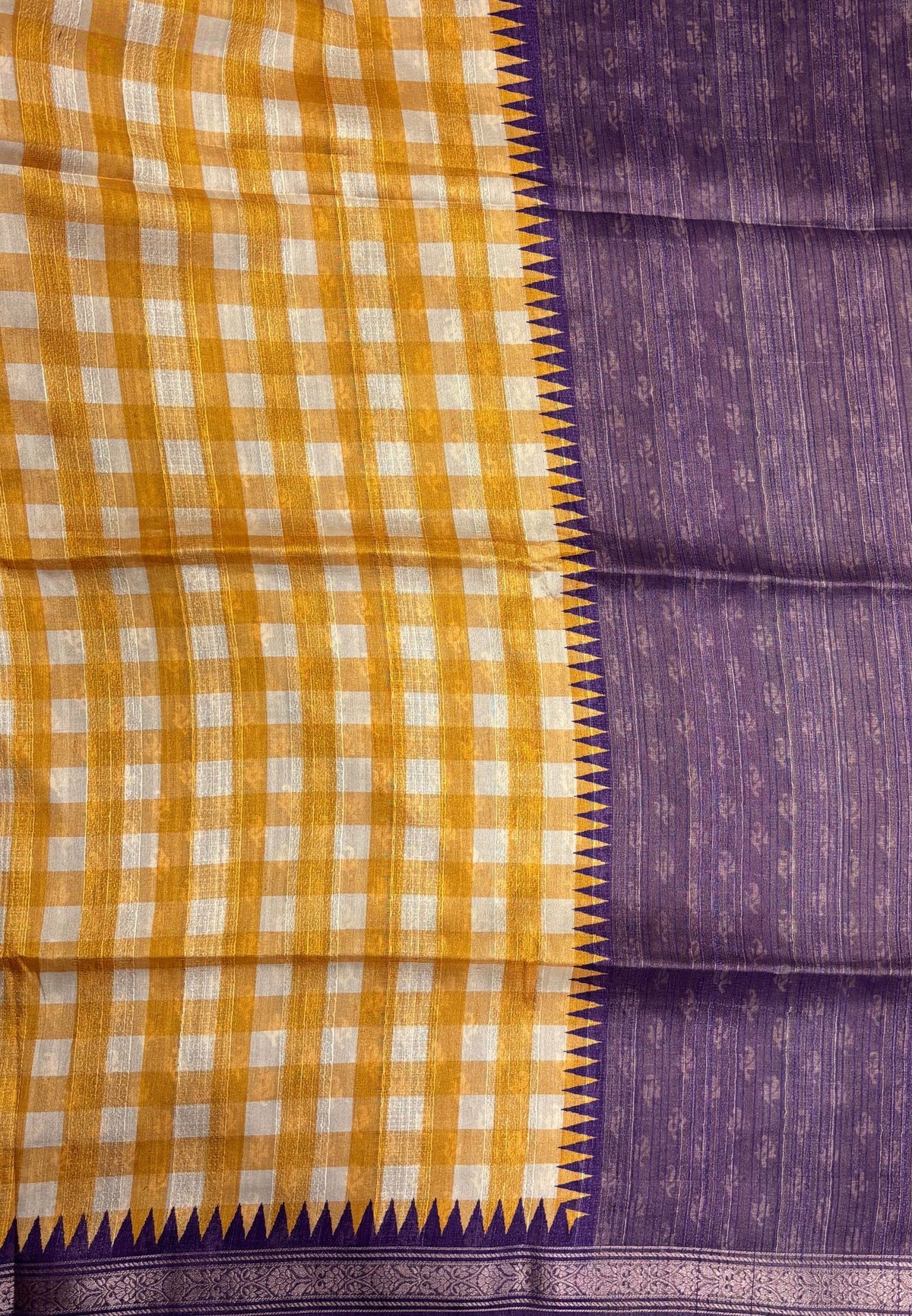 Matka Tussar saree-Mustard in Checked Pattern with Temple Zari Border