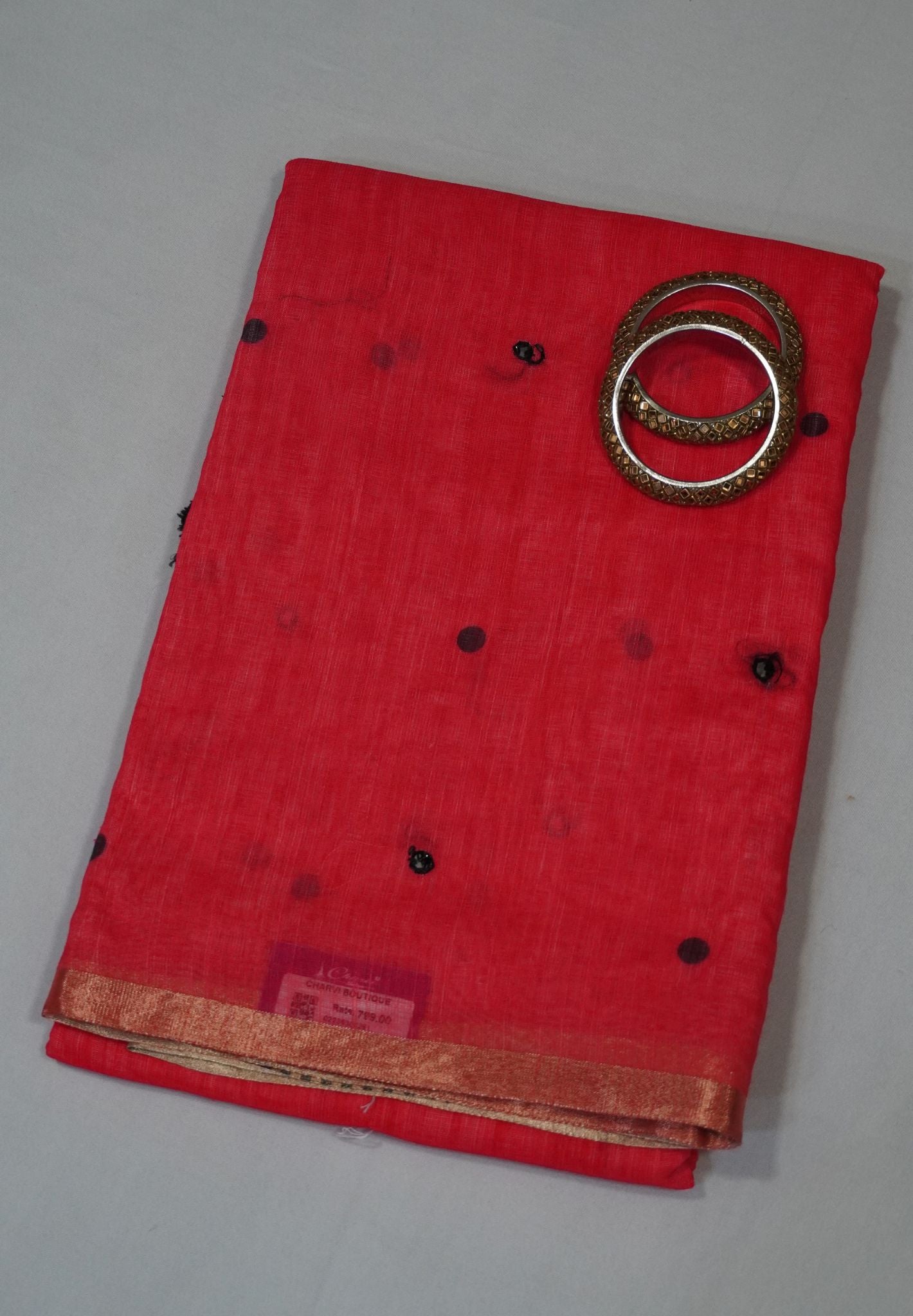 Linen Saree - Redish Peach with Mirror Work