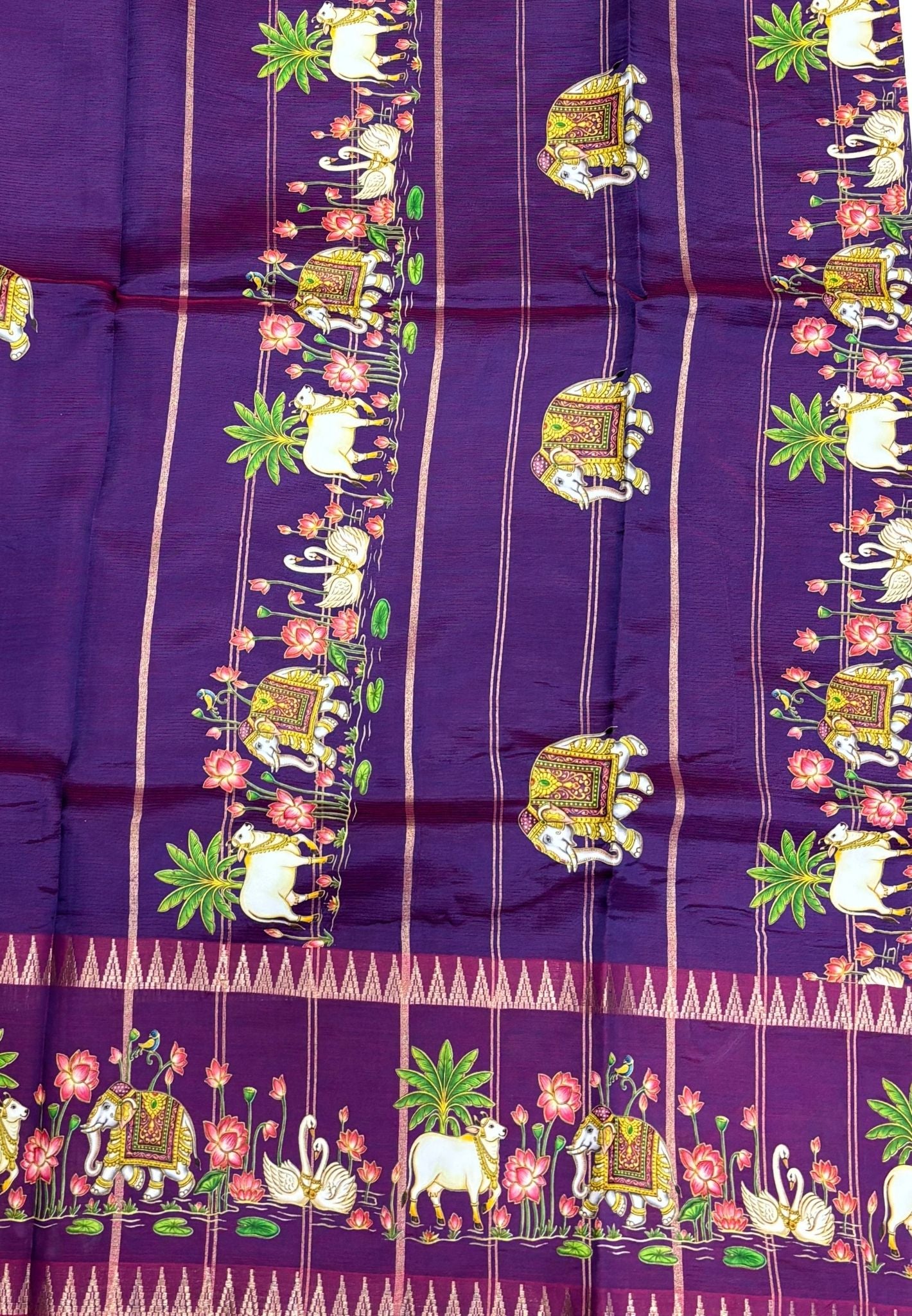 Pure Mangalgiri Silk Saree-Purple with Tanjore Print