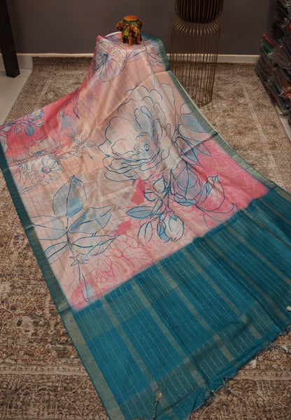 Korean Tussar Saree-Pastel Floral Artistic Weave-Ramar Blue