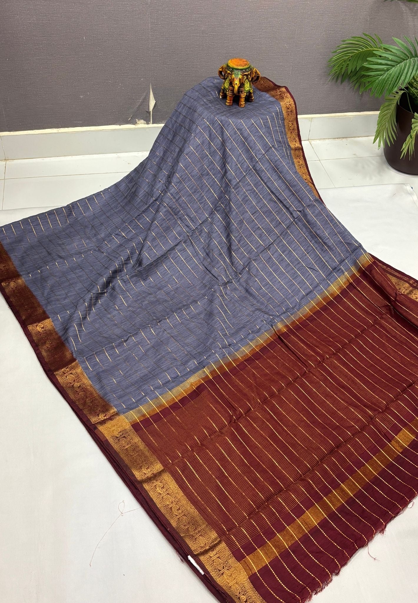 Semi Raw Silk Saree-Dark Grey in Zari Lines with Contrast Annam Border